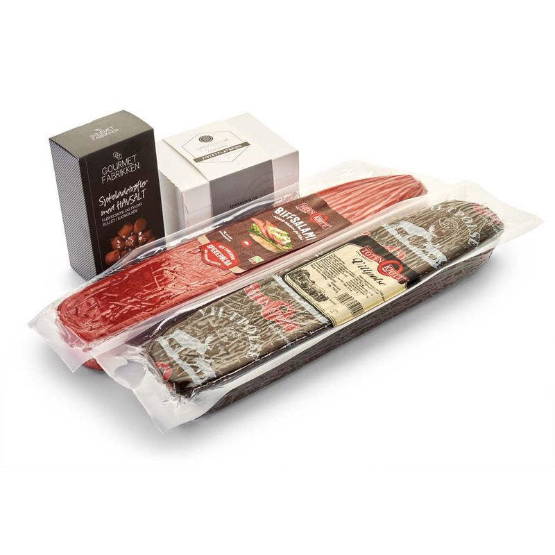 Biffsalami, viltpølse, sjokoladetrøfler og flatbrød